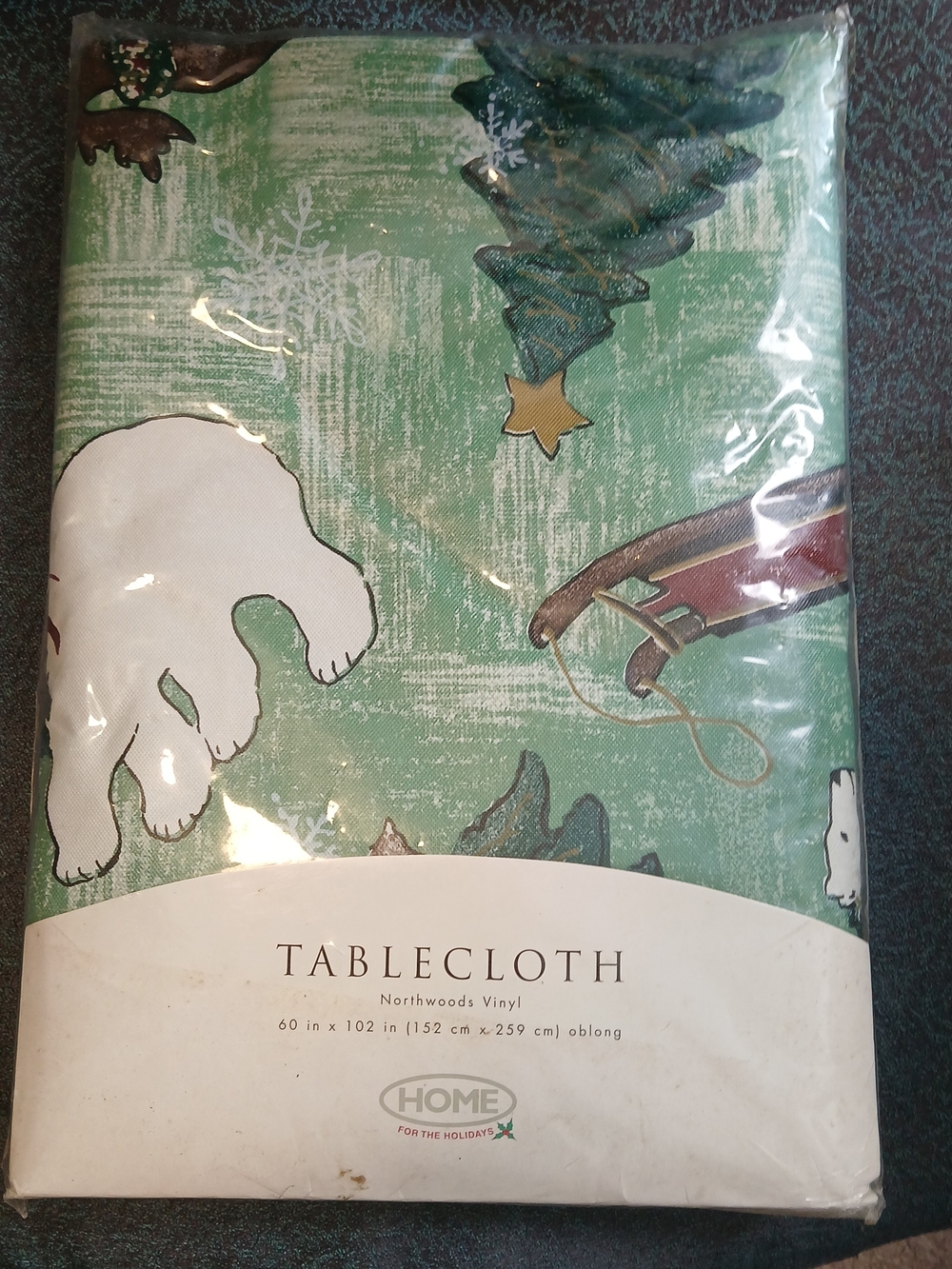 Christmas Green Polar Bear Vinyl Tablecloth with Holiday Trees